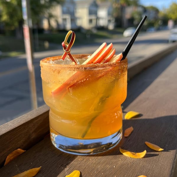 An E+O Kitchen cocktail with apple slices and a cinnamon-sugar rim on a wooden railing.