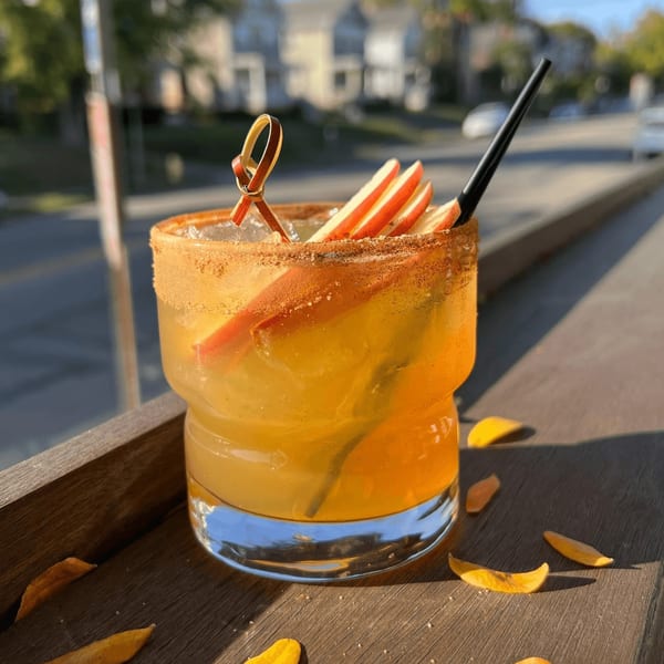 E+O Kitchen's apple cider cocktail with cinnamon sugar rim, apple slices, and a black straw on a wooden railing.
