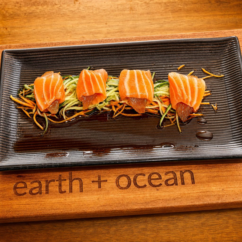 Poached Pear wrapped in thin, sliced salmon.