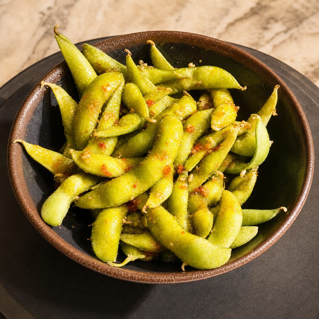 Spicy Garlic Edamame.