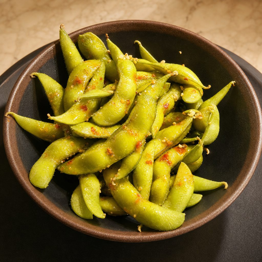 Spicy Garlic Edamame.