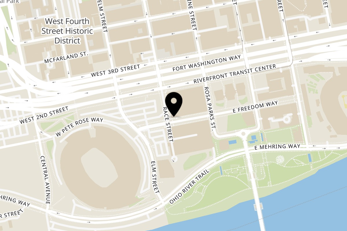 Map showing the location of E+O Kitchen The Banks on 56 West Freedom Way in Cincinnati